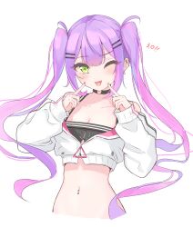 Rule 34 | 1girl, absurdres, black choker, black tank top, blush, breasts, choker, cleavage, cropped jacket, ear piercing, hair ornament, hairpin, highres, hololive, jacket, long hair, looking at viewer, multicolored hair, multicolored nails, navel, navel piercing, nishiki yuno, o-ring, o-ring choker, one eye closed, open mouth, piercing, pink hair, pink nails, pointy ears, purple hair, small breasts, smile, solo, streaked hair, tank top, tokoyami towa, tokoyami towa (1st costume), twintails, virtual youtuber, white jacket, yellow nails