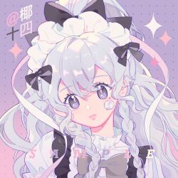 Rule 34 | 1girl, black bow, black dress, bow, bowtie, braid, closed mouth, collared shirt, commentary, dress, eyelashes, flower, frilled dress, frilled shirt collar, frills, frown, gradient background, grey bow, grey bowtie, grey eyes, hair bow, high ponytail, highres, lipstick, long hair, makeup, mole, mole under eye, multiple hair bows, original, pink background, pink lips, polka dot, polka dot background, puffy short sleeves, puffy sleeves, purple background, rose, sample watermark, shirt, short sleeves, sleeveless, sleeveless dress, solo, sparkle, sparkling eyes, symbol-only commentary, twin braids, twitter username, upper body, watermark, white flower, white hair, white headdress, white rose, white shirt, white sleeves, yeshisi
