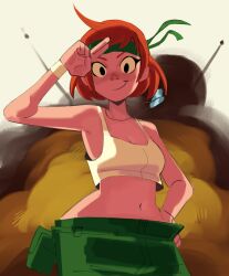 Rule 34 | 1girl, advance wars, black eyes, breasts, commentary, english commentary, explosion, fattcactus, green headband, hand on own hip, headband, highres, medium breasts, midriff, military, military uniform, navel, salute, sami (advance wars), short hair, smile, solo, sports bra, standing, tank top, two-finger salute, uniform, white sports bra