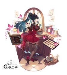 Rule 34 | 1girl, ayappe taicho, bare shoulders, black hair, blue hair, book, bug, butterfly, chocolate, cookie, dare ga tame no alchemist, dress, food, full body, green eyes, hair ornament, hairclip, high heels, highres, holding, insect, kitchen, long hair, looking back, neck ribbon, official art, open mouth, recipe, ribbon, skirt, smile, solo, thighhighs, underbust, vase, weighing scale, window