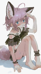 Rule 34 | 1girl, ahoge, animal ear fluff, animal ears, arknights, bare shoulders, bikini, black bikini, blue eyes, blush, bolero (bo le ro66), bracelet, check copyright, copyright request, dripping, female focus, fingernails, frills, grey background, hair ornament, hairclip, highres, jewelry, material growth, medium hair, navel, oripathy lesion (arknights), parted lips, ponytail, purple hair, scales, see-through, simple background, sitting, solo, sussurro (arknights), swimsuit, tail, wet