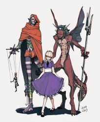 Rule 34 | 1girl, 2boys, alice (megami tensei), ballet slippers, belial (megami tensei), black footwear, black hair, blonde hair, blue dress, cloak, closed mouth, colored skin, commentary request, demon, demon wings, dress, earrings, eien12m, full-body tattoo, highres, holding, holding polearm, holding trident, holding weapon, hood, hooded cloak, jewelry, long hair, marionette, multiple boys, nebiros, polearm, puppet, puppet strings, red cloak, red skin, shin megami tensei, shin megami tensei i, standing, standing on one leg, tail, tattoo, trident, weapon, wings, yellow eyes