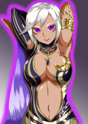 Rule 34 | 1girl, armpits, arms behind head, arms up, belly, breasts, cia (hyrule warriors), cleavage, dark-skinned female, dark skin, highres, hyrule warriors, jewelry, large breasts, makeup, nburont, nintendo, purple eyes, solo, the legend of zelda, white hair