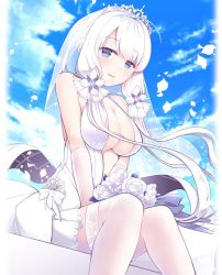Rule 34 | 1girl, azur lane, bare shoulders, blue eyes, blush, bouquet, breasts, cleavage, dress, elbow gloves, flower, gloves, illustrious (azur lane), illustrious (morning star of love and hope) (azur lane), large breasts, long hair, looking at viewer, low twintails, open mouth, sitting, smile, solo, teramoto kaoru, thighhighs, twintails, wedding dress, white dress, white hair, white thighhighs