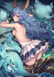 Rule 34 | 1girl, animal ears, ass, back, backless dress, backless outfit, black gloves, black thighhighs, blue hair, blurry, boots, breasts, depth of field, dress, earrings, erune, ferry (granblue fantasy), gloves, granblue fantasy, high heel boots, high heels, highres, jewelry, kneeling, long hair, medium breasts, oopartz yang, short dress, sideboob, single earring, solo, thighhighs, yellow eyes