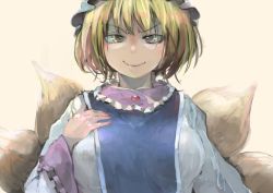 Rule 34 | 1girl, blonde hair, breasts, fox tail, hat, ichiba youichi, large breasts, long sleeves, looking at viewer, mob cap, multiple tails, portrait, short hair, simple background, smile, solo, tabard, tail, touhou, wide sleeves, yakumo ran, yellow background, yellow eyes
