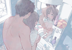 Rule 34 | 1boy, 1girl, absurdres, bathroom, breasts, brother and sister, brushing teeth, cleavage, commentary request, grabbing, grabbing another&#039;s breast, grabbing from behind, height difference, hetero, highres, huge filesize, incest, large breasts, light rays, mirror, mixed-sex bathing, mohato official, nipples, original, reflection, shared bathing, siblings, sink, toothbrush, toothbrush in mouth, topless male, washing hands