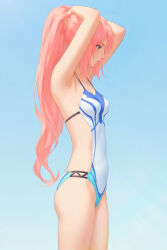 Rule 34 | 1girl, arms up, blue background, blue eyes, breasts, commentary, cowboy shot, english commentary, from side, gradient background, highres, long hair, miura-n315, mixed-language commentary, one-piece swimsuit, pink hair, ponytail, shionne (tales), simple background, small breasts, solo, swimsuit, tales of (series), tales of arise, tying hair