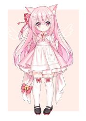 Rule 34 | 1girl, :o, animal ear fluff, animal ears, apron, arms behind back, azur lane, bell, black footwear, blush, bow, brown background, cat ears, cat girl, cat tail, commentary request, dress, full body, garter straps, hair between eyes, hair ornament, hair ribbon, hairclip, jingle bell, kisaragi (azur lane), long hair, looking at viewer, one side up, parted lips, pigeon-toed, pink dress, pink hair, red bow, red eyes, red ribbon, ribbon, shoes, solo, standing, tail, tail bell, tail bow, tail ornament, tengxiang lingnai, thighhighs, two-tone background, very long hair, white apron, white background, white thighhighs