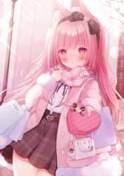 Rule 34 | 1girl, adjusting scarf, animal ears, bag, black bow, black ribbon, blunt bangs, blurry, blush, bokeh, bow, box, closed mouth, coat, cowboy shot, dated, depth of field, fur-trimmed coat, fur-trimmed sleeves, fur trim, gift, hair ribbon, hairband, heart, heart-shaped box, highres, incoming gift, jewelry, long hair, looking at viewer, omochi monaka, open clothes, open coat, original, outdoors, pink bow, pink coat, pink eyes, pink hair, plaid, plaid scarf, rabbit ears, rabbit girl, ribbon, ring, scarf, shirt, skirt, solo, two side up, valentine, white bow, white shirt