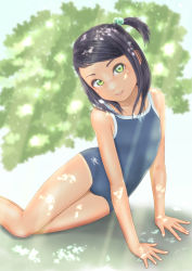 Rule 34 | 1girl, black hair, competition school swimsuit, dappled sunlight, green eyes, hair bobbles, hair ornament, highres, looking at viewer, one-piece swimsuit, original, outdoors, parted lips, school swimsuit, short ponytail, side ponytail, sitting, solo, sunlight, swimsuit, uzuki mei