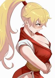 Rule 34 | 1girl, anagumasan, blonde hair, blush, breasts, capcom vs snk, capcom vs snk 2, cleavage, commentary request, crossed arms, final fight, final fight 2, from side, genryuusai maki, high ponytail, highres, japanese clothes, large breasts, long hair, looking at viewer, ninja, ponytail, solo, white background