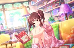 Rule 34 | 10s, 1girl, artist request, blush, book, bow, brown eyes, brown hair, chair, couch, cup, dress, flower, framed, hair bow, hair flower, hair ornament, hair ribbon, idolmaster, idolmaster cinderella girls, idolmaster cinderella girls starlight stage, jewelry, lamp, lens flare, long hair, necklace, official art, ogata chieri, open book, picture frame, pillow, reading, ribbon, sitting, smile, solo, sunlight, twintails