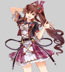 Rule 34 | 10s, 1girl, absurdres, ahoge, arm behind head, belt, breasts, brown eyes, brown hair, cleavage, diantha (granblue fantasy), dress, frilled skirt, frilled sleeves, frills, granblue fantasy, grey background, hair ornament, highres, idol, jewelry, long hair, neck ribbon, open hand, open mouth, ponytail, ribbon, ruisento, short sleeves, side ponytail, simple background, skirt, sleeveless, sleeveless dress, smile, solo, very long hair, vest