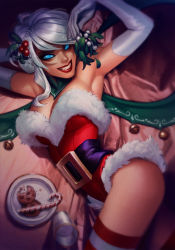Rule 34 | 1girl, armpits, blue eyes, breasts, candy, candy cane, chocolate chip cookie, christmas, cleavage, commentary, cookie, detached collar, elbow gloves, english commentary, evelynn (league of legends), fangs, food, fur trim, gloves, hair ornament, highres, holding, holding mistletoe, holly hair ornament, humanization, jessica oyhenart, large breasts, league of legends, lipstick, looking at viewer, lying, makeup, mistletoe, naughty face, on back, pun, santa costume, silver hair, slit pupils, solo, striped clothes, striped thighhighs, swept bangs, thighhighs, white gloves