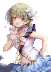 Rule 34 | 1girl, absurdres, blush, breasts, fur-trimmed gloves, fur trim, gloves, green eyes, green hair, hand on own hip, highres, idolmaster, idolmaster shiny colors, kevn, looking at viewer, medium breasts, nanakusa nichika, shirt, short hair, simple background, sleeveless, sleeveless shirt, solo, spread the wings!! (idolmaster), sweatdrop, white background, white gloves
