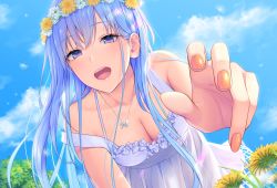 Rule 34 | 1girl, :d, absurdres, aimori meguru, all fours, blue eyes, blue hair, blue sky, breasts, cleavage, collarbone, day, dress, emori miku, flower, hair between eyes, hair flower, hair ornament, head wreath, highres, jewelry, liver city, long hair, medium breasts, nail polish, necklace, off shoulder, open mouth, orange nails, outdoors, sky, sleeveless, sleeveless dress, smile, solo, very long hair, white dress, white flower, yellow flower