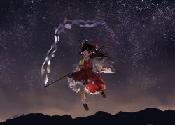 Rule 34 | 1girl, absurdres, brown footwear, cloud, detached sleeves, dress, flying, gohei, hair ribbon, hakurei reimu, highres, looking to the side, night, night sky, red dress, red ribbon, ribbon, ribbon-trimmed sleeves, ribbon trim, sky, socks, star (sky), starry sky, touhou, unfinished dream of all living ghost, ushitsuchi, white socks