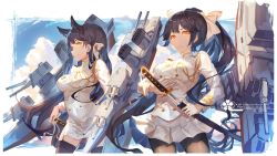 Rule 34 | 2girls, aiguillette, animal ears, artist name, atago (azur lane), azur lane, bad id, bad pixiv id, black legwear, blush, bow, breasts, character name, closed mouth, cloud, cloudy sky, cowboy shot, day, double-breasted, gloves, hair bow, hair ribbon, highres, katana, large breasts, legs apart, long hair, long sleeves, looking at viewer, machinery, military, miniskirt, multiple girls, pantyhose, pleated skirt, ponytail, ribbon, serious, sheath, skirt, sky, smile, standing, sword, takao (azur lane), thighhighs, turret, unsheathing, usanekorin, very long hair, weapon, white bow, white gloves, white ribbon, white skirt, zettai ryouiki