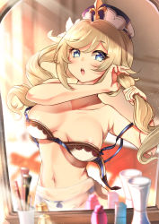 Rule 34 | 1girl, :o, areola slip, barbara (genshin impact), bare shoulders, blonde hair, blue eyes, blush, bra, bra pull, breasts, clothes pull, drill hair, genshin impact, hair ornament, hat, hero (10cl3), highres, holding, holding own hair, long hair, looking at viewer, makeup, medium breasts, open mouth, pantyhose, reflection, solo, twin drills, twintails, tying hair, underwear, unfastened, white hat, white pantyhose