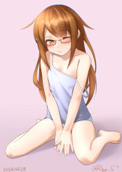 Rule 34 | 1girl, alternate costume, barefoot, brown background, brown eyes, brown hair, camisole, dated, flat chest, glasses, kantai collection, long hair, mochizuki (kancolle), one-hour drawing challenge, one eye closed, panties, ray.s, red-framed eyewear, simple background, sitting, solo, strap slip, twitter username, underwear, wariza, white camisole, white panties