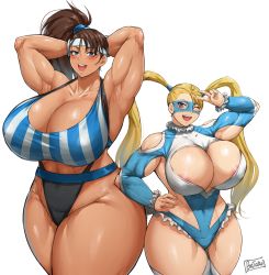 Rule 34 | 2girls, areola slip, armpits, arms behind head, arms up, batako (batakoart), black widow (muscle bomber), blonde hair, blue eyes, breasts, brown hair, capcom, cleavage, cleavage cutout, clothing cutout, curvy, flexing, frills, highres, huge breasts, leotard, long hair, looking at viewer, mask, multiple girls, muscle bomber, muscular, muscular female, one eye closed, open mouth, rainbow mika, side ponytail, smile, standing, street fighter, thick thighs, thighs, twintails, v, wide hips, wink, wrestling outfit
