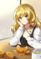 Rule 34 | 1girl, ameria (artist), black vest, blonde hair, bow, braid, closed mouth, collared shirt, commentary request, cup, eyelashes, food, fruit, green ribbon, hand on own face, hat, hat bow, highres, holding, kirisame marisa, long hair, long sleeves, looking at viewer, mandarin orange, mug, no headwear, no headwear, red bow, ribbon, shirt, single braid, smile, table, touhou, vest, white shirt, yellow eyes