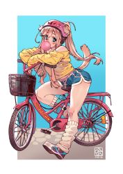 Rule 34 | 1girl, animal ears, bare shoulders, bicycle, bicycle helmet, blonde hair, blue background, blue eyes, blue shorts, blush, bright pupils, chewing gum, commentary, dated, dog ears, dog girl, dog tail, english commentary, hair between eyes, helmet, high ponytail, leaning forward, leg warmers, legs, long hair, long sleeves, looking at viewer, mariko (poch4n), midriff peek, original, outdoors, outside border, pink headwear, poch4n, ponytail, riding, riding bicycle, shirt, shoes, short shorts, shorts, sidelocks, signature, simple background, sitting, socks, tail, white pupils, white socks, yellow shirt