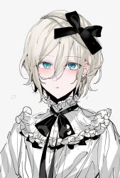 Rule 34 | 1boy, black bow, blonde hair, blue eyes, blush, bow, eichi turnr, ensemble stars!, formal, grey background, hair bow, highres, looking at viewer, male focus, open mouth, petals, shirt, solo, tenshouin eichi, white shirt