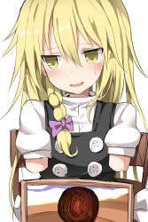 Rule 34 | 1girl, absurdres, amputee, benjamin button suukina jinsei, blonde hair, blush, bow, braid, chair, commentary request, cookie (touhou), double amputee, hair between eyes, hair bow, highres, kirisame marisa, long hair, looking away, open mouth, purple bow, short sleeves, side braid, sidelocks, simple background, single braid, solo, sweat, tears, touhou, upper body, uzuki (cookie), white background, yellow eyes