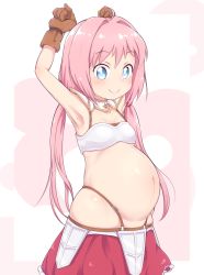 Rule 34 | 1girl, ahoge, akai (riaakai), armpits, arms up, blue eyes, blush, breasts, brown gloves, closed mouth, collarbone, endro!, gloves, groin, long hair, looking at viewer, midriff, navel, pink background, pink hair, pregnant, shiny clothes, shiny skin, simple background, skirt, small breasts, smile, solo, twintails, two-tone background, white background, yuria shardet