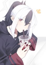 Rule 34 | !, 1girl, black choker, black hair, blue archive, choker, cup, disposable cup, drinking, drinking straw, earclip, fataaa, hair between eyes, halo, highres, holding, holding cup, hood, hoodie, horns, kayoko (blue archive), long sleeves, looking at viewer, mole, mole on neck, multicolored hair, nail polish, notice lines, ponytail, red eyes, red nails, simple background, solo, streaked hair, white hair