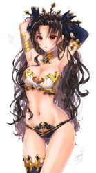 Rule 34 | 1girl, absurdres, armlet, armpits, arms behind head, arms up, asymmetrical legwear, asymmetrical sleeves, bandeau, bare shoulders, bikini, black bikini, black bow, black hair, black thighhighs, blush, bow, breasts, cleavage, detached collar, detached sleeves, earrings, fate/grand order, fate (series), gold trim, hair bow, heart, highres, hoop earrings, ishtar (fate), jewelry, long hair, looking at viewer, medium breasts, mismatched bikini, navel, neck ring, parted bangs, red eyes, revision, simple background, single detached sleeve, single thighhigh, solo, swimsuit, thighhighs, thighlet, thighs, tiara, two side up, uneven legwear, uneven sleeves, wakana art, white background, white bikini