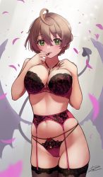 Rule 34 | 1girl, ahoge, bare shoulders, blush, bra, breasts, brown hair, c (theta), cleavage, collarbone, cowboy shot, demon tail, finger to mouth, garter belt, garter straps, gradient background, green eyes, hair between eyes, hand to own mouth, idolmaster, idolmaster million live!, idolmaster million live! theater days, jewelry, lace, large breasts, lingerie, lipstick, looking at viewer, makeup, navel, panties, petals, red bra, red panties, rose petals, sakuramori kaori, short hair, signature, skindentation, smile, solo, tail, thighhighs, tongue, tongue out, underwear, underwear only, wings