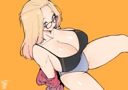 Rule 34 | 1girl, absurdres, arms behind back, artist name, bangs pinned back, bare shoulders, bikini, blonde hair, blue eyes, blush, breasts, cleavage, closed mouth, collarbone, commentary, curvy, folded hair, forehead, from above, glasses, hair pulled back, highres, huge breasts, inne sulistya robin, jacket, jacket partially removed, long hair, looking at viewer, norman maggot, orange background, original, red-framed eyewear, shiny skin, simple background, sitting, skindentation, solo, swimsuit, symbol-only commentary, wavy mouth