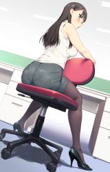 Rule 34 | 1girl, aida takanobu, ass, black hair, black pantyhose, blue eyes, blush, breasts, chair, from behind, from below, full body, high heels, long hair, looking back, looking down, office chair, office lady, original, pantyhose, pantylines, revision, ribbed sweater, sitting, sitting backwards, sleeveless, sleeveless turtleneck, solo, sweater, swivel chair, turtleneck, turtleneck sweater