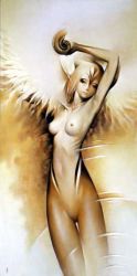 Rule 34 | 1girl, ao no roku-gou, arm up, armpits, blonde hair, breasts, collarbone, long hair, looking at viewer, monster girl, mutio, nipples, no pussy, nude, shell, short hair, simple background, solo, standing, thigh gap, very long hair, white background, wings