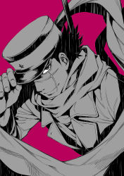 Rule 34 | 1boy, adjusting clothes, adjusting headwear, black hair, facial scar, golden kamuy, greyscale with colored background, hat, highres, imperial japanese army, kepi, looking at viewer, male focus, military, military hat, military uniform, multiple monochrome, pink background, scar, scar on cheek, scar on face, scarf, short hair, solo, sugimoto saichi, uniform, upper body, weapon, weapon on back, zanki