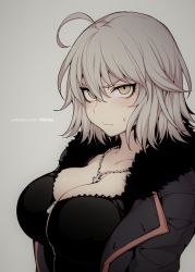 Rule 34 | 1girl, ahoge, black shirt, blush, breasts, cleavage, commentary request, content rating, fate/grand order, fate (series), fishine, fur trim, grey background, grey hair, grey jacket, hair between eyes, jacket, jeanne d&#039;arc (fate), jeanne d&#039;arc alter (fate), jeanne d&#039;arc alter (ver. shinjuku 1999) (fate), jewelry, large breasts, looking at viewer, necklace, official alternate costume, open clothes, open jacket, patreon username, shirt, short hair, solo, upper body, wicked dragon witch ver. shinjuku 1999, yellow eyes