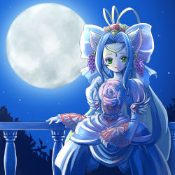Rule 34 | 1girl, agarte lindblum, animal ears, blue background, blue hair, blue theme, bow, cat ears, circlet, colored eyelashes, crown, dress, earrings, flower, food, fruit, full moon, grapes, green eyes, hair bow, jewelry, moon, night, pink flower, pink rose, puffy sleeves, rose, shimauma, shimauma (zebra vz), short hair, slit pupils, smile, solo, tales of (series), tales of rebirth
