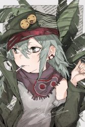 Rule 34 | 1girl, blush, cigarette, closed mouth, clothing cutout, earrings, g11 (girls&#039; frontline), girls&#039; frontline, green jacket, grey eyes, grey hair, hair between eyes, hat, highres, hiranko, jacket, jewelry, long hair, mouth hold, off shoulder, scarf, scarf on head, shirt, shoulder cutout, smoke, smoking, solo, upper body