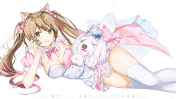 Rule 34 | 1girl, alternate costume, animal ear fluff, animal ears, apron, bow, breasts, brown hair, cat ears, cleavage, dedeko, detached collar, detached sleeves, dog, dress, enmaided, feet out of frame, frilled apron, frilled dress, frills, hair between eyes, highres, looking at viewer, lying, maid, on side, open mouth, original, short sleeves, solo, thighhighs, twintails, virtual youtuber, white background, white thighhighs