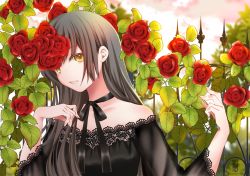 Rule 34 | 1girl, 2018, artist name, bad id, bad pixiv id, bare shoulders, black dress, black ribbon, black sailor collar, brown eyes, brown hair, collarbone, commentary, dress, english commentary, fence, fingernails, flower, grey neckerchief, hair between eyes, hands up, head tilt, lace, lace-trimmed dress, lace trim, long hair, long sleeves, neckerchief, off-shoulder dress, off shoulder, original, parted lips, red flower, red rose, ribbon, rose, sailor collar, sheepd, solo, twitter username, wide sleeves