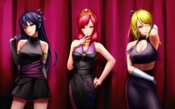 Rule 34 | 10s, 3girls, ayase eli, black gloves, blonde hair, blue hair, bon nob, breasts, closed mouth, dress, elbow gloves, female focus, gloves, large breasts, lineup, long hair, looking at viewer, love live!, love live! school idol project, multiple girls, nishikino maki, one eye closed, purple eyes, skirt, smile, soldier game, sonoda umi, standing, white gloves, wink