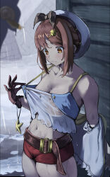 Rule 34 | absurdres, atelier (series), atelier ryza, atelier ryza 1, belt, belt buckle, beret, black headwear, bow hairband, brown belt, brown eyes, brown gloves, brown hair, buckle, closed mouth, clothes pull, collarbone, commentary request, frown, gloves, hair ornament, hairband, hairclip, hat, highres, jacket, jewelry, leather, leather gloves, looking down, midriff, navel, necklace, off shoulder, osashimi 0343x, outdoors, pulled by self, rain, red shorts, reisalin stout, shelter, shirt, shirt pull, short hair, short shorts, shorts, single glove, sleeveless, sleeveless jacket, sleeveless shirt, star (symbol), star necklace, wet, wet clothes, white headwear, white shirt, yellow jacket