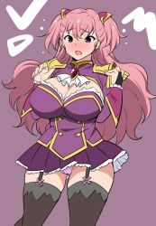 Rule 34 | 1girl, blush, breasts, cameltoe, charlotte scherzen, cleavage, cleavage cutout, clothing cutout, fang, full-face blush, highres, huge breasts, large breasts, long hair, open mouth, panties, pink hair, purple eyes, solo, underwear, valkyrie drive