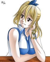 Rule 34 | 1girl, blonde hair, breasts, brown eyes, fairy tail, female focus, hair ribbon, head rest, impossible clothes, israel de oliveira, jewelry, large breasts, long hair, lucy heartfilia, one side up, parted lips, pendant, ribbon, simple background, smile, solo, upper body