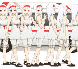 Rule 34 | 1girl, :d, albino, arm up, bare arms, bare shoulders, black footwear, blouse, breasts, clone, closed mouth, collarbone, crossed legs, dress, expressionless, flip-flops, from side, front-tie top, full body, hair over shoulder, hairband, highres, leg up, long hair, looking at viewer, looking to the side, medium breasts, motor vehicle, multiple views, no socks, open hands, open mouth, original, outstretched arms, pale skin, parted lips, personification, red eyes, red ribbon, ribbon, ribbon-trimmed clothes, ribbon trim, salute, sandals, shadow, shirt, shoes, shorts, simple background, sleeveless, sleeveless dress, slit pupils, smile, thong, toeless footwear, toes, walking, watson cross, waving, white background, white hair, white shirt, white shorts, yajirushi (chanoma)