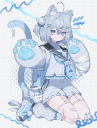 Rule 34 | 1girl, absurdres, animal ear fluff, animal ears, backpack, bag, bandaid, bandaid on leg, barcode, blue eyes, blue hair, commentary request, fang, fish bone, fuinagi (huyuu mm), gauze on knee, hair ornament, hairclip, heart, heart hair ornament, highres, kneeling, leg warmers, looking at viewer, o-ring, o-ring thigh strap, original, pom pom (clothes), pom pom hair ornament, safety pin, shoes, shorts, skin fang, solo, tag, thigh strap