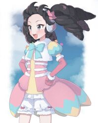 Rule 34 | 1girl, :d, bad id, bad twitter id, black hair, blue ribbon, blue sky, border, cloud, commentary request, cowboy shot, dress, elbow gloves, fang, fur-trimmed gloves, fur trim, gaaruru (pripara), gloves, hands on own hips, headphones, highres, inactive account, long hair, looking ahead, open mouth, outside border, pink dress, pink gloves, pretty series, pripara, ribbon, shiyurinpu, sidelocks, sky, smile, solo, standing, twintails, white border, wind